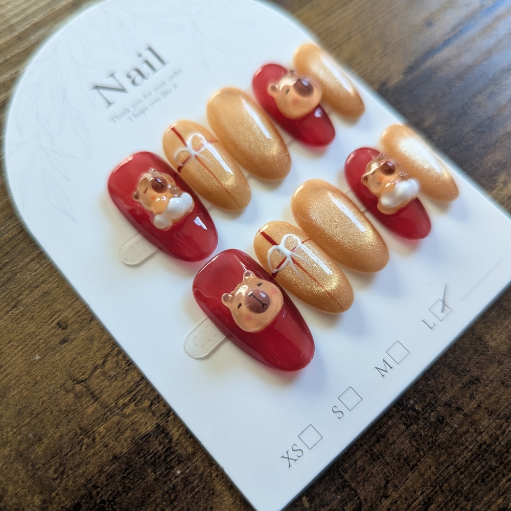 Red and Gold 3D Bear Accent Press-On Nails